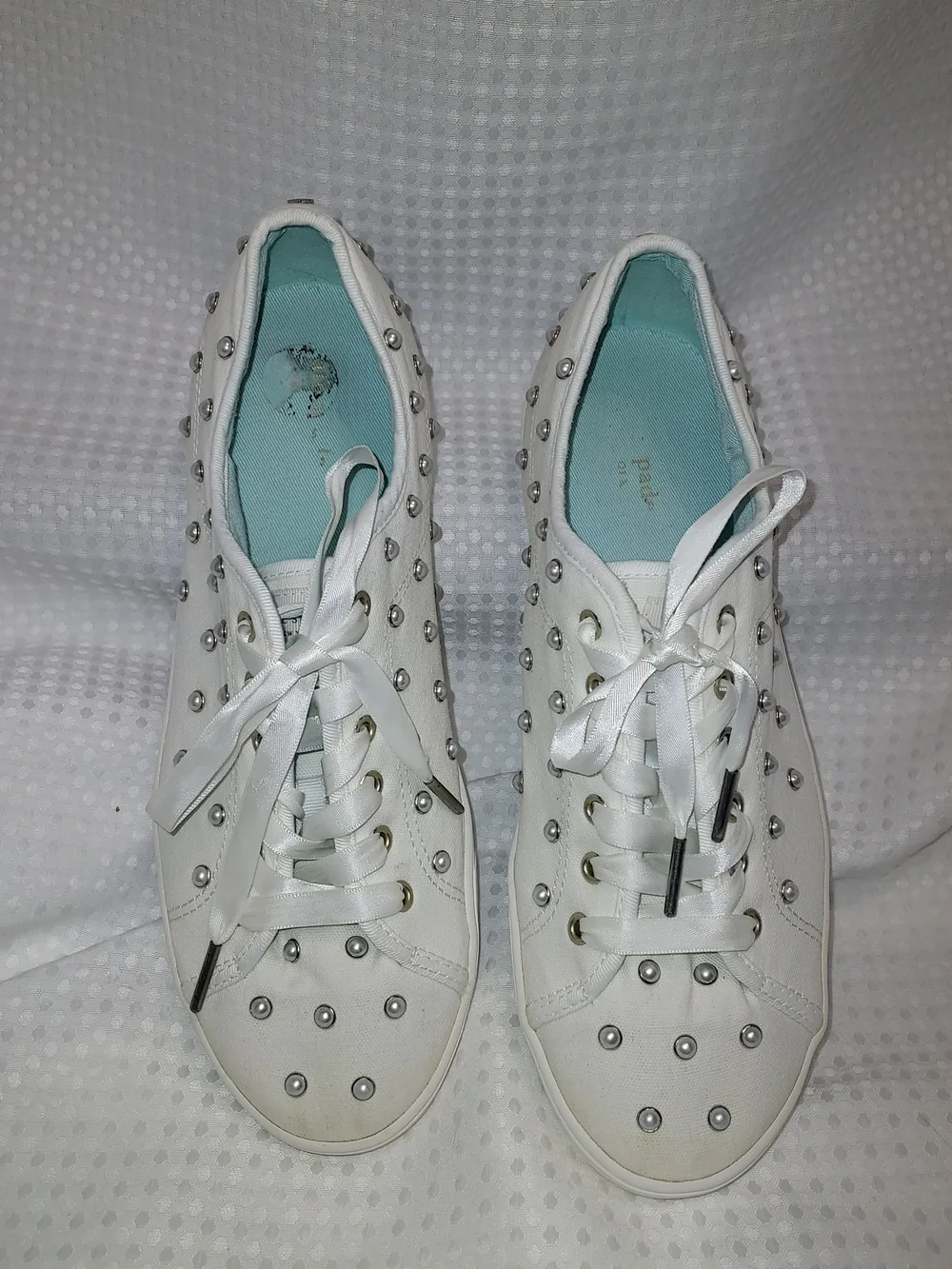 kate spade White Satin Lace-Up Sneakers with Silver Studs